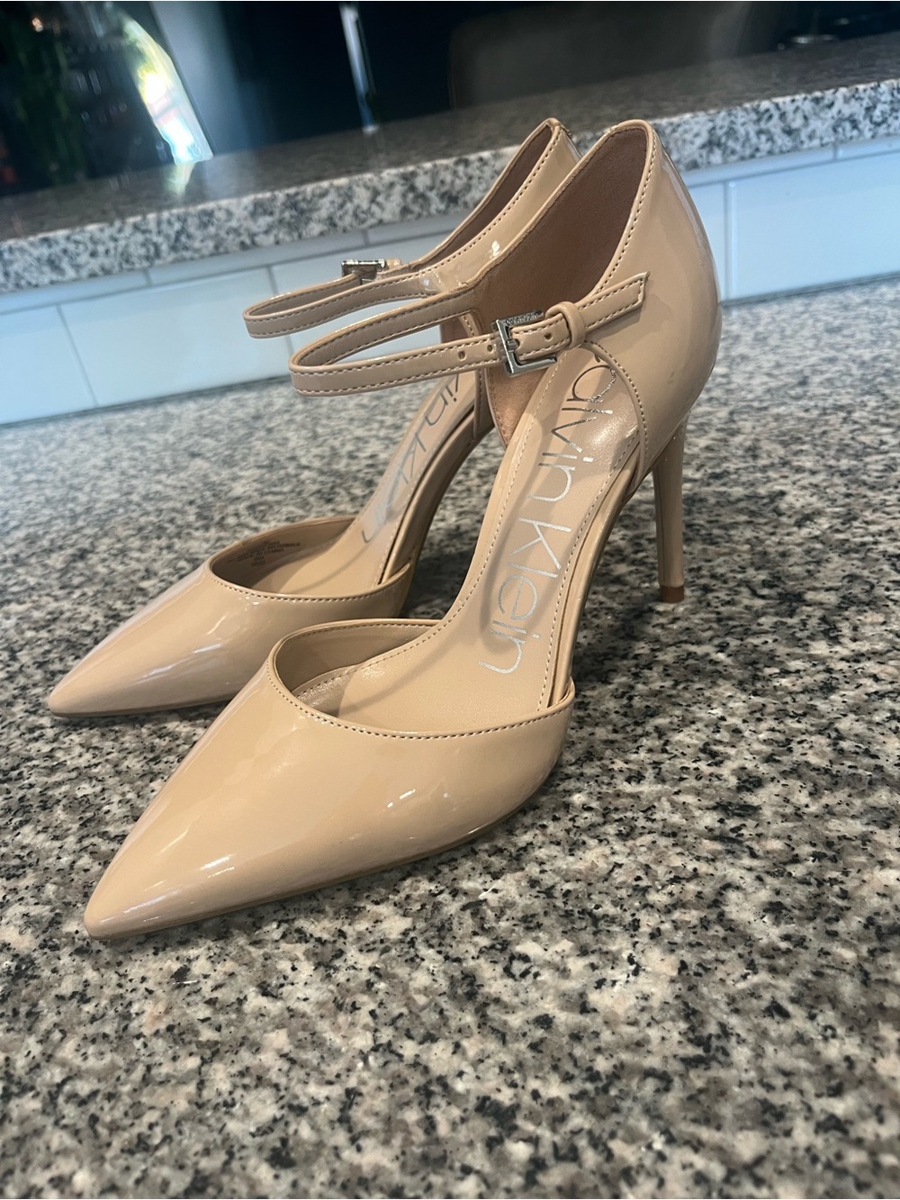 Calvin Klein Nude Patent Leather Pointed Toe Heels with Ankle Strap